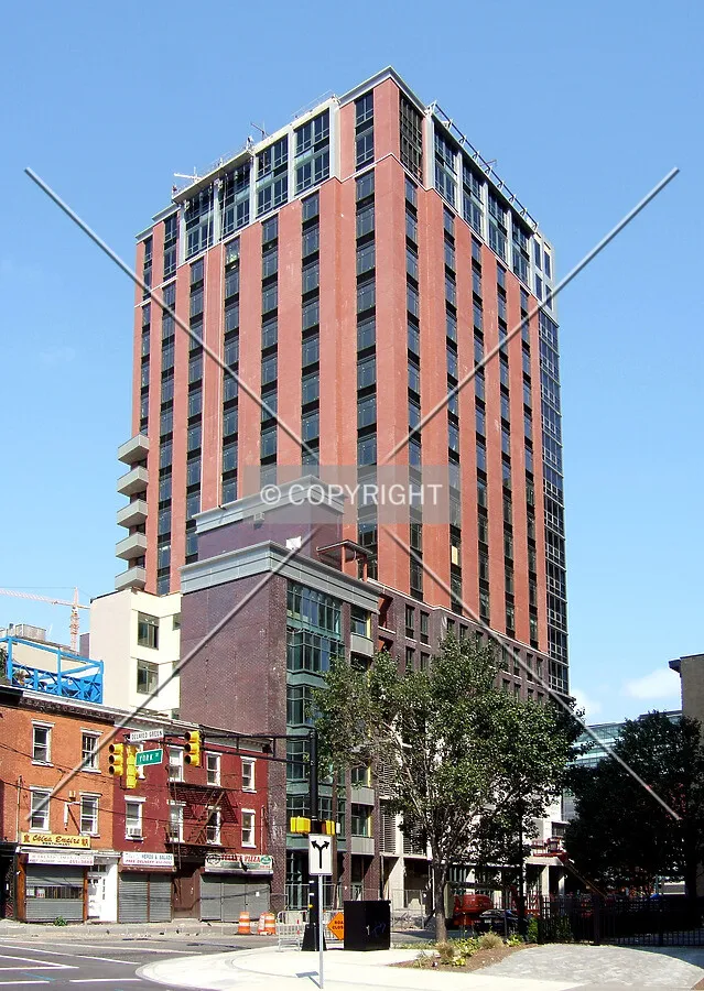 View from the southeast across Greene Street showing completed facades