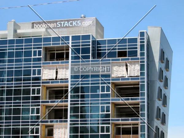 East corner and penthouse with promotional banner