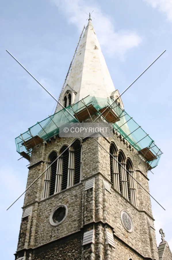 Looking up at the tower and spire from St. Barnabas Street