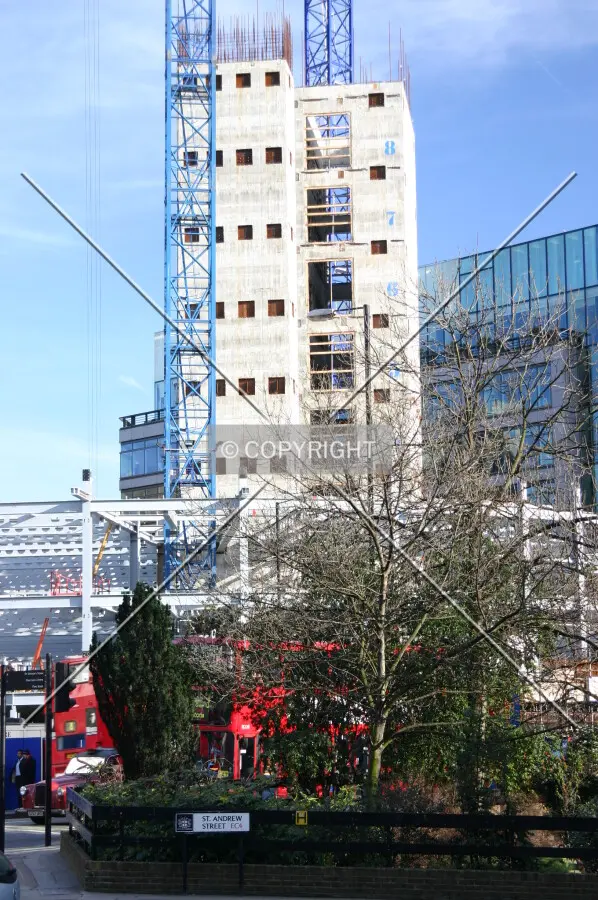 View west across St. Andrew Street at the core and rising steelwork