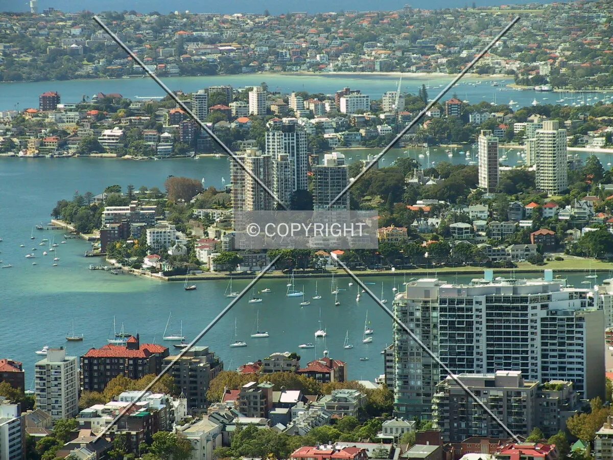 Aerial view over Potts Point, Darling Point, Point Piper and Rose Bay