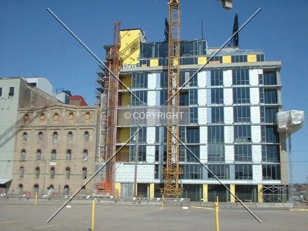 View to the north across 2nd Street, original Humboldt Mill on left, new construction on right