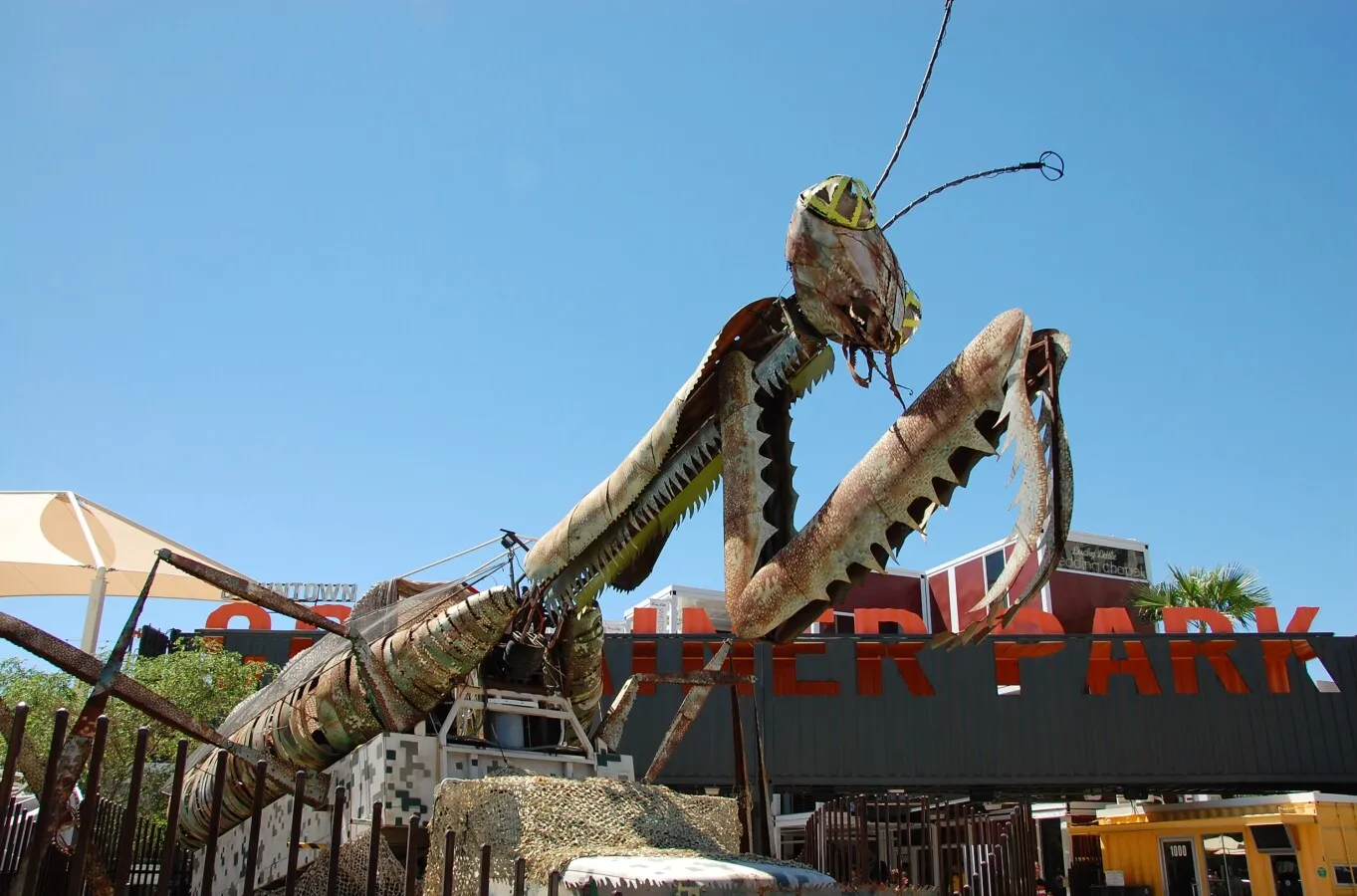Mantis - A fire-breathing sculpture outside the main entrance