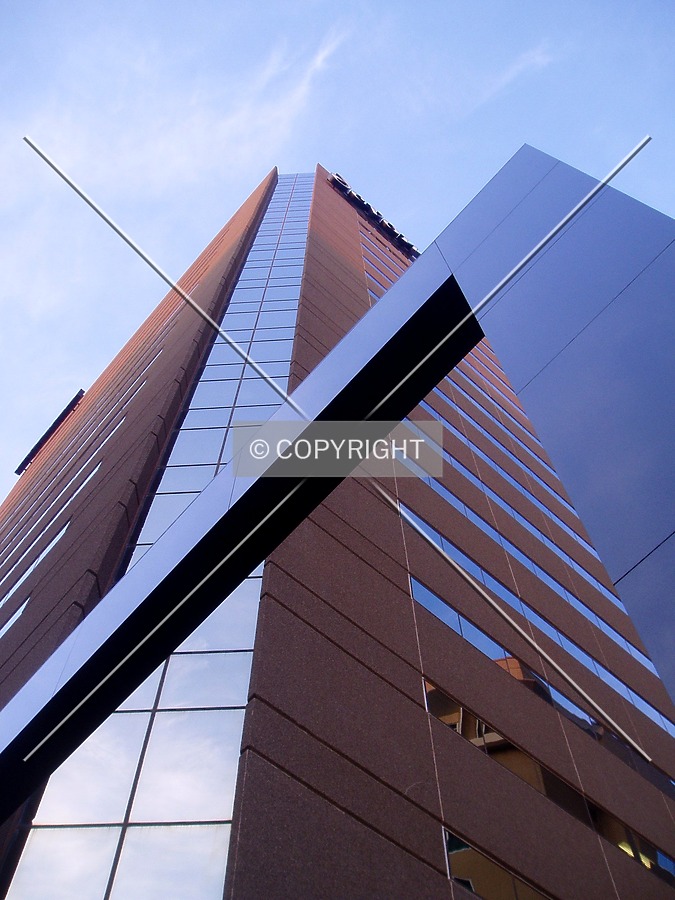 Looking up from below a sculpture at the southwest corner