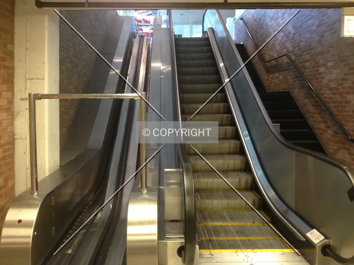 Two escalators next to each other; the left one is used for shopping carts, the right one to carry pedestrians