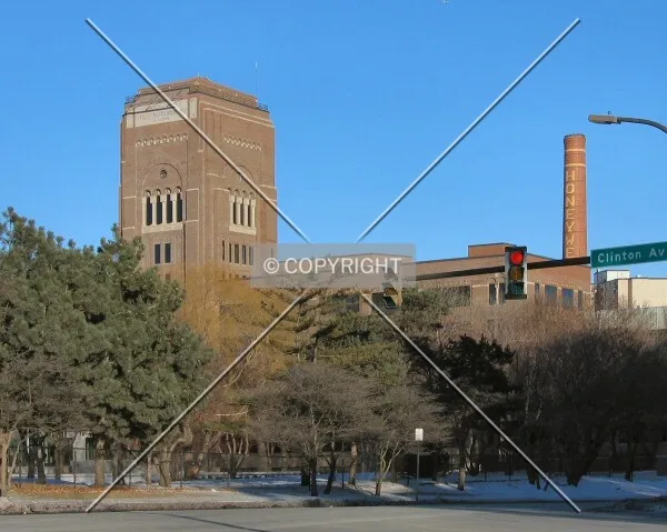 The tower and old Honeywell smokestack from the southwest