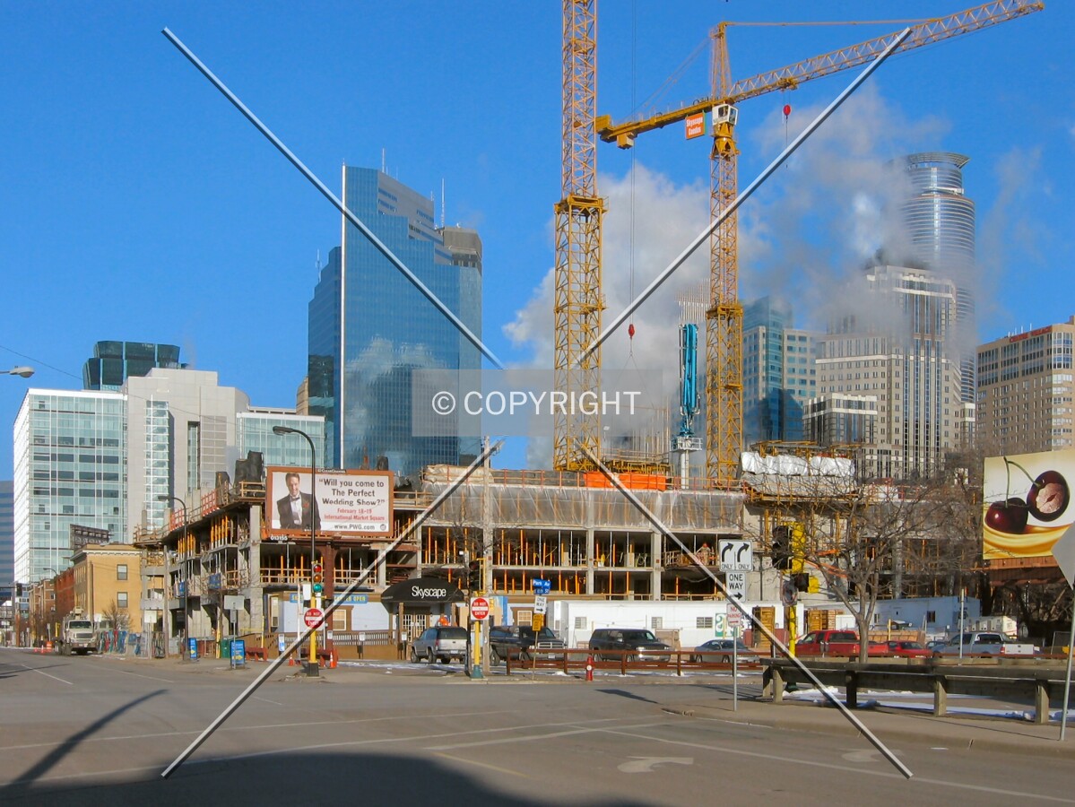 View to the northwest from 10th Street South, skyline obscured by steam from the Minneapolis Energy Center at zero degrees fahrenheit