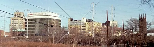 View from southwest: Hersch Tower, Union County College, Albender Building, St. John's Church