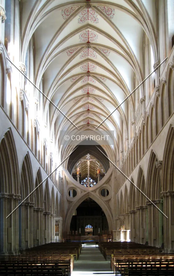 Looking down the nave towards the spectacular scissor arches