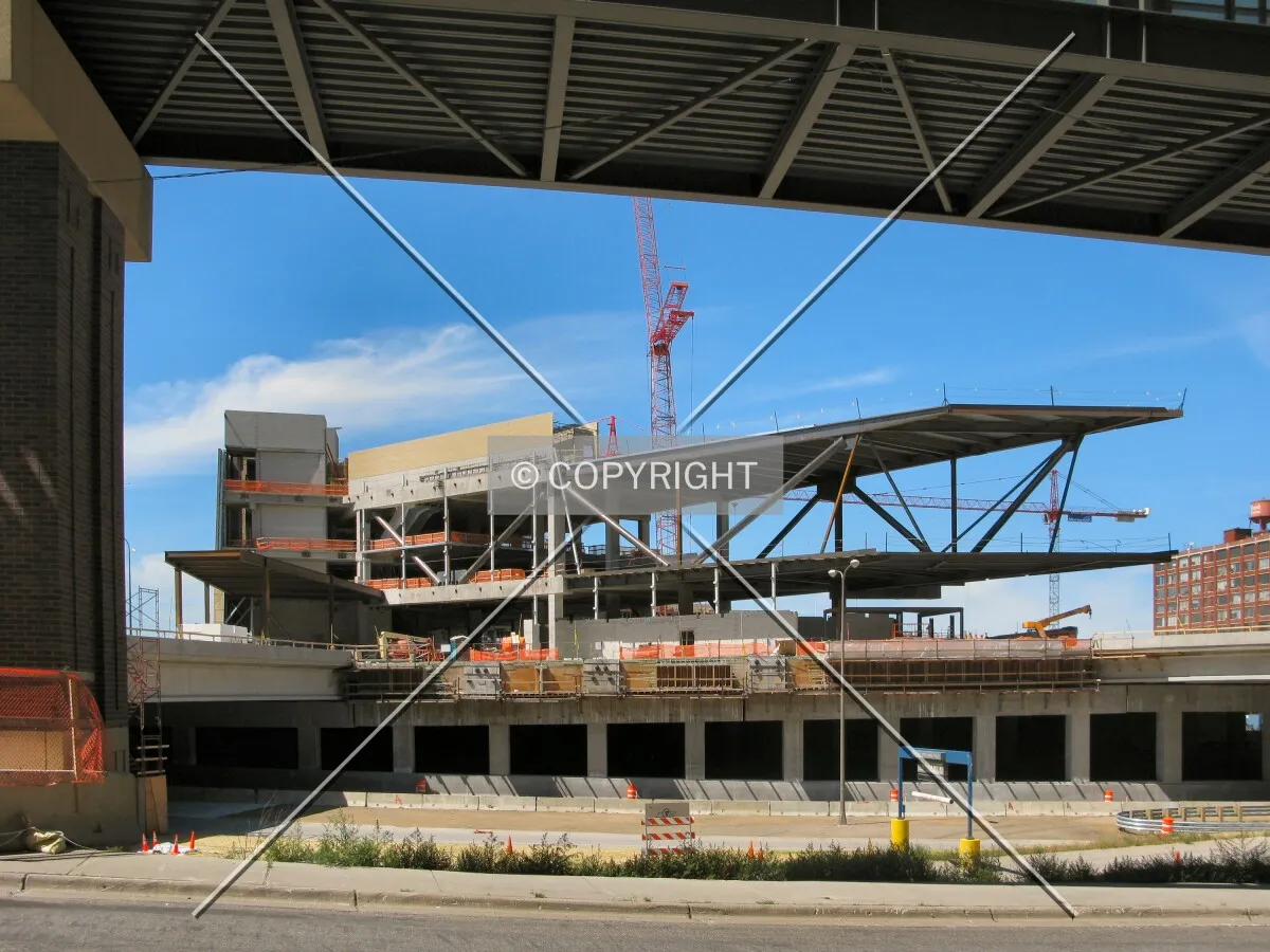 View to the northwest from 2nd Avenue North, under a skyway