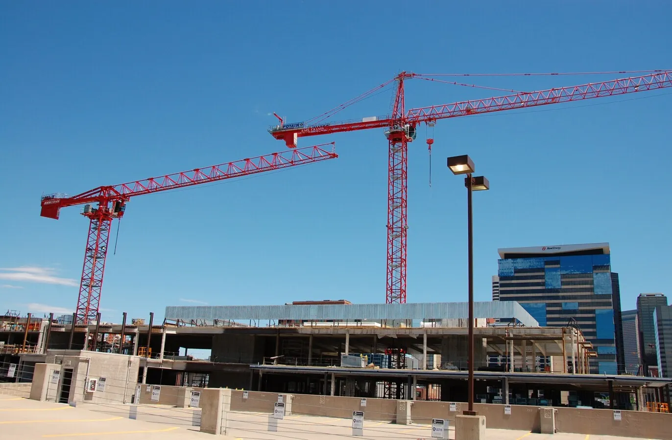 Looking southeast at the tower cranes