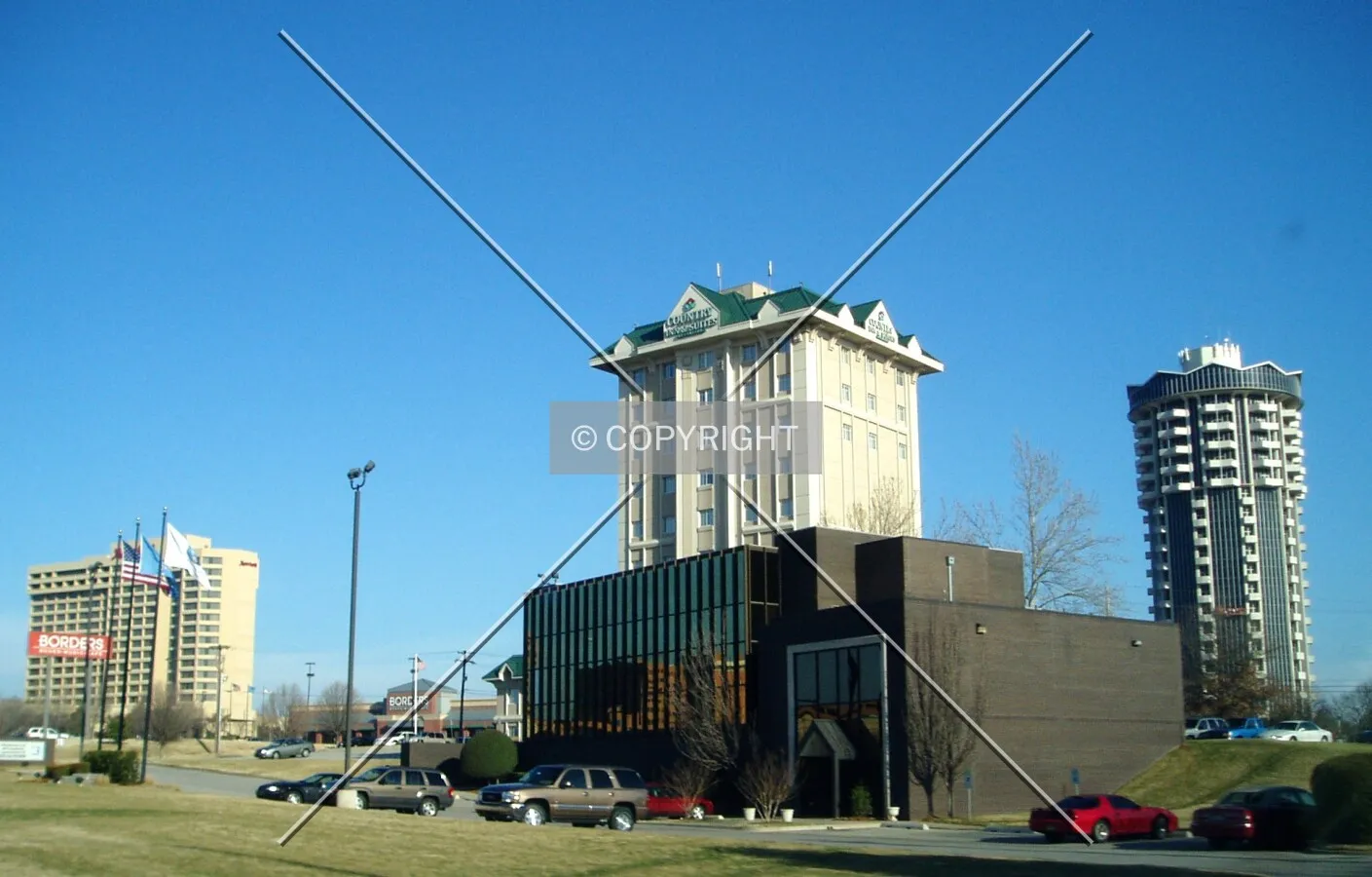 Looking northwest from the Northwest Expressway toward the Marriott, Country Inn & Suites, and Founders Tower