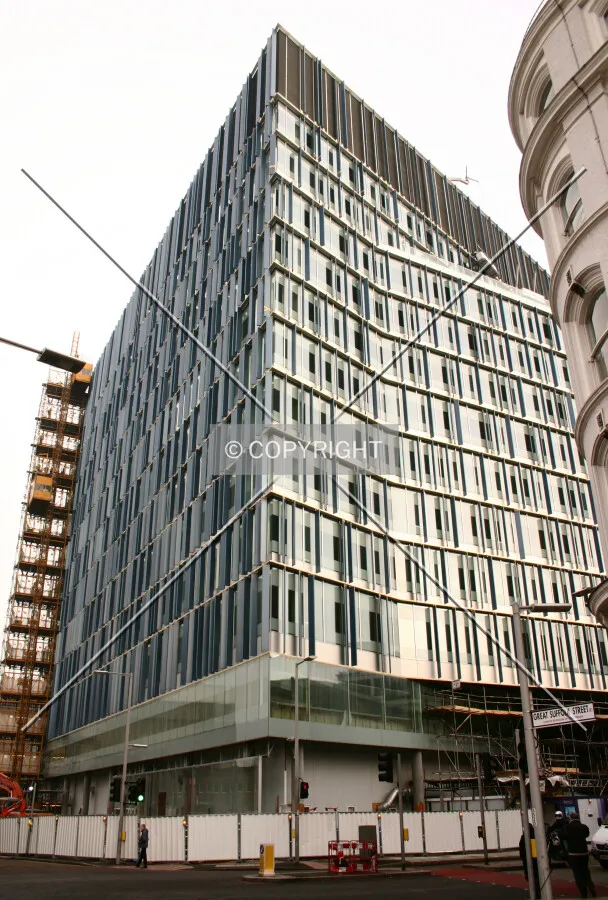 View northeast of the façade from the junction of Great Suffolk Street and Southwark Street