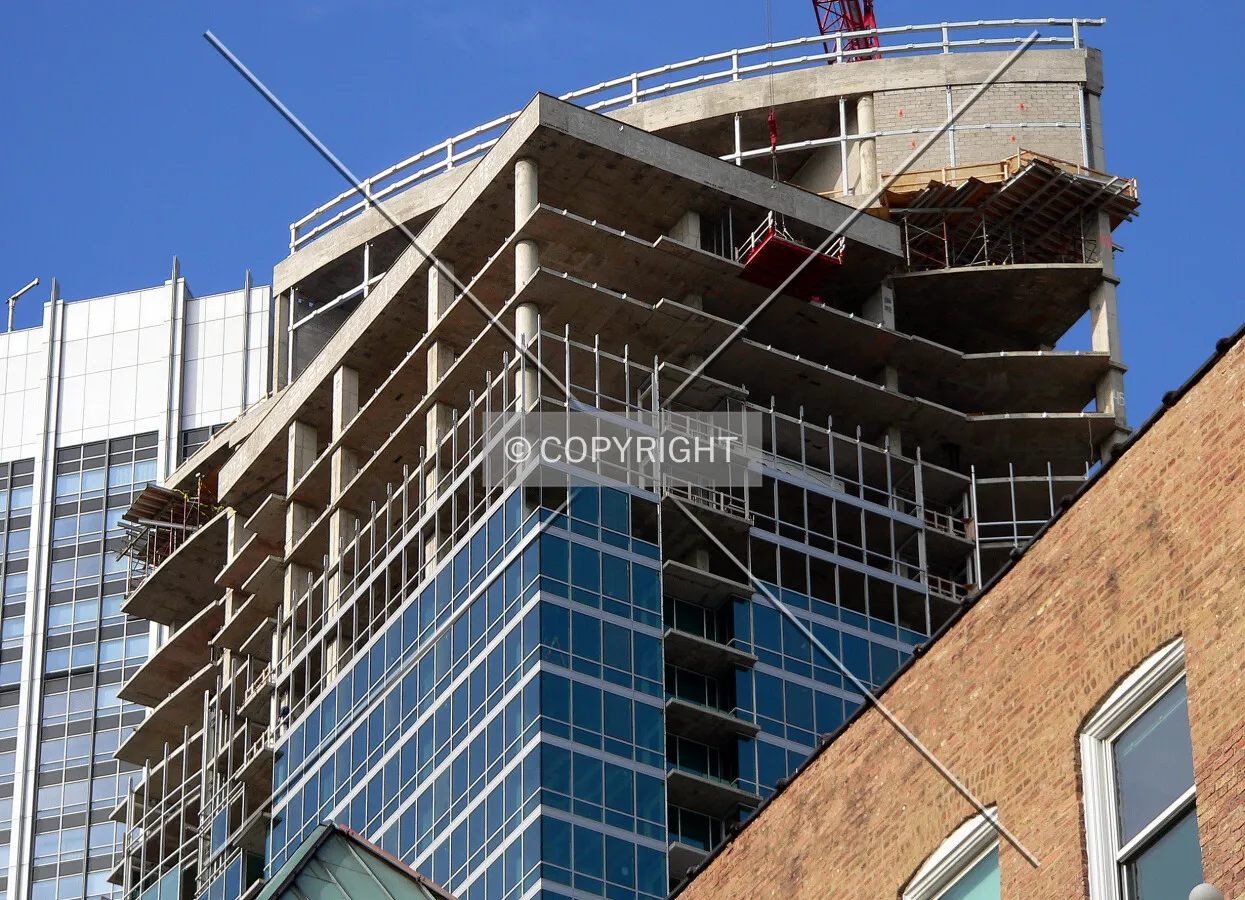 View of the tower rising above the River East Art Center