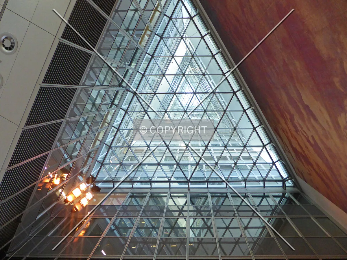 Looking from the lobby straight up through the skylights