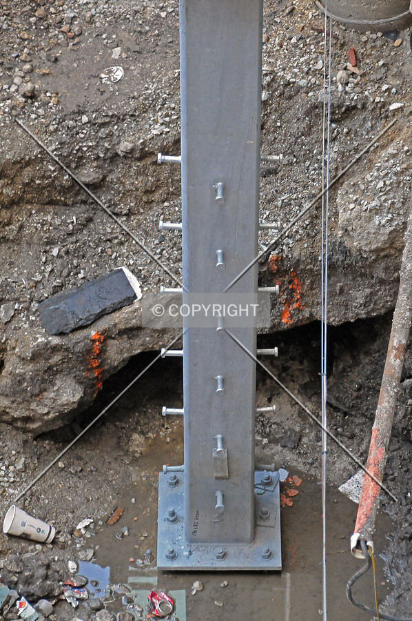 Base of column supporting the pedestrian walkway above Carroll Avenue showing the studded base which will be encased in concrete