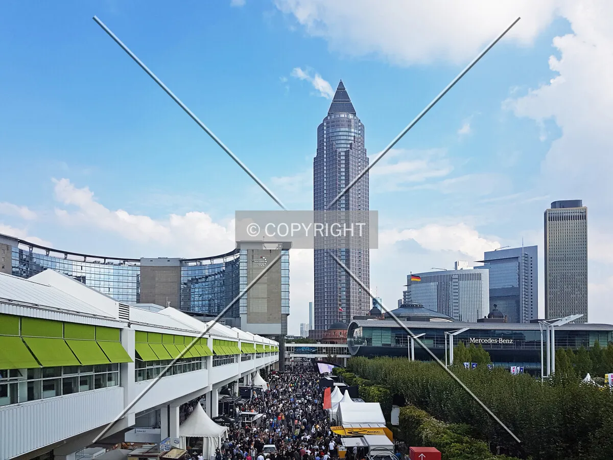 MesseTurm skyscraper with its iconic pyramid; Frankfurt trade fair area (Messe) below it during the IAA auto show 2017