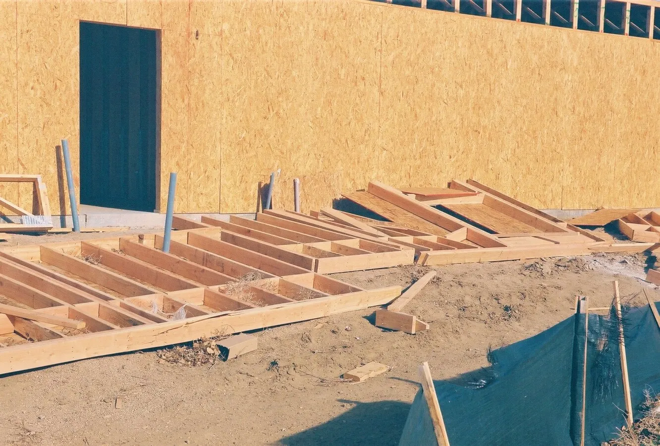 Wood framing blown down by wind