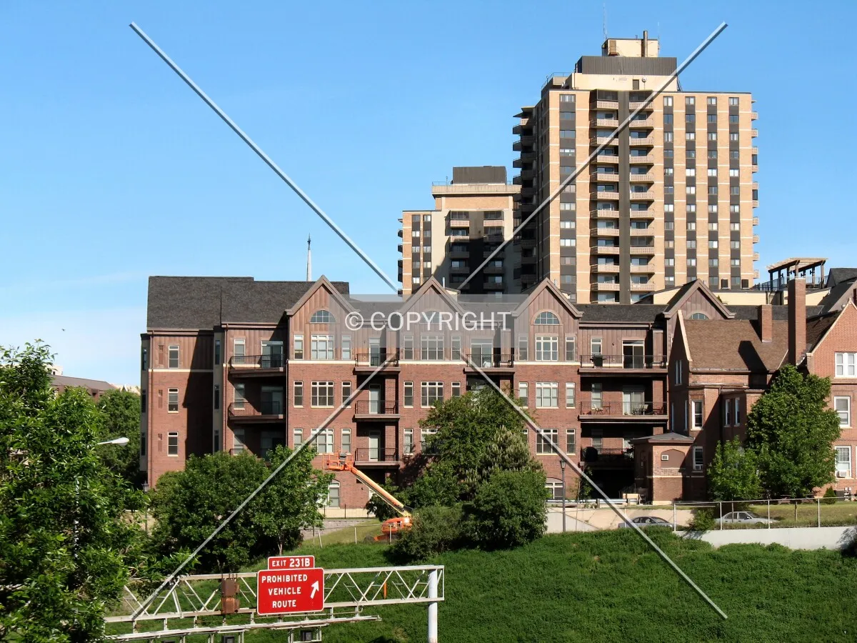 View to the west over Interstate 94, Summit House rising behind