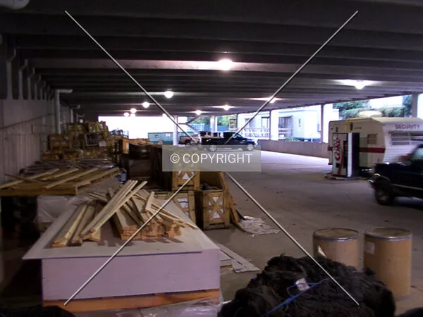 Inside the garage, looking west toward the construction trailer