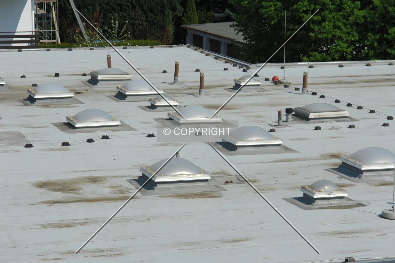 A flat roof with skylights