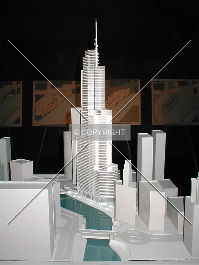 Brendan Gibbons of SOM Design Team model of Trump Tower Chicago - looking west down river