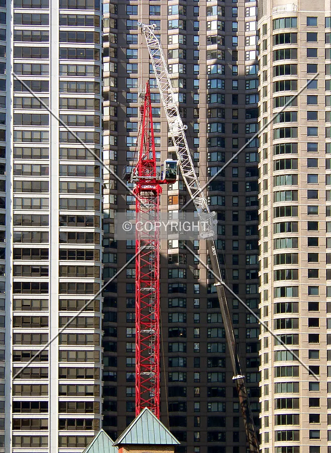 View to the north from Wacker Drive as the tower crane is erected