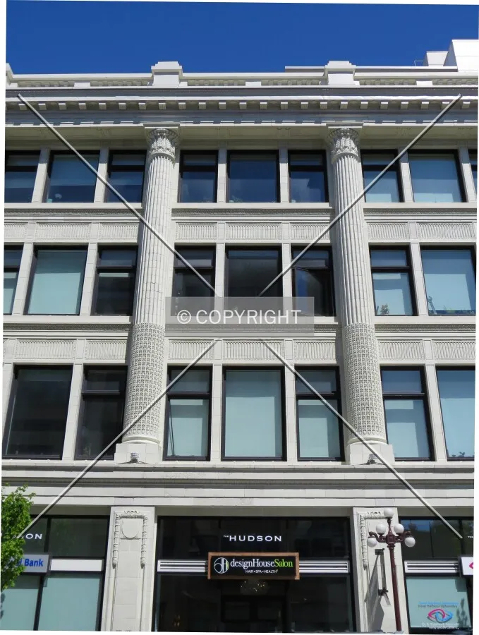 Looking up from Fisgard Street at the main entrance