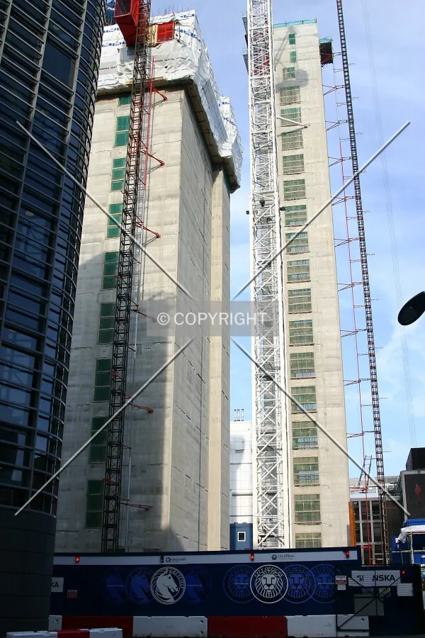 View west of the two cores from Pindar Street