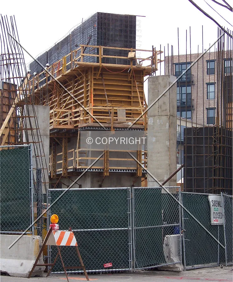 Northwest corner of the site, with the elevator core rising in the center