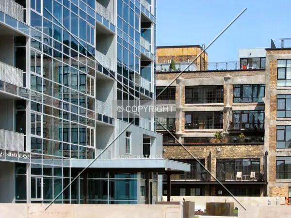 View to the northeast from 4th Street North; Plaza entrance and the Bookmen Lofts