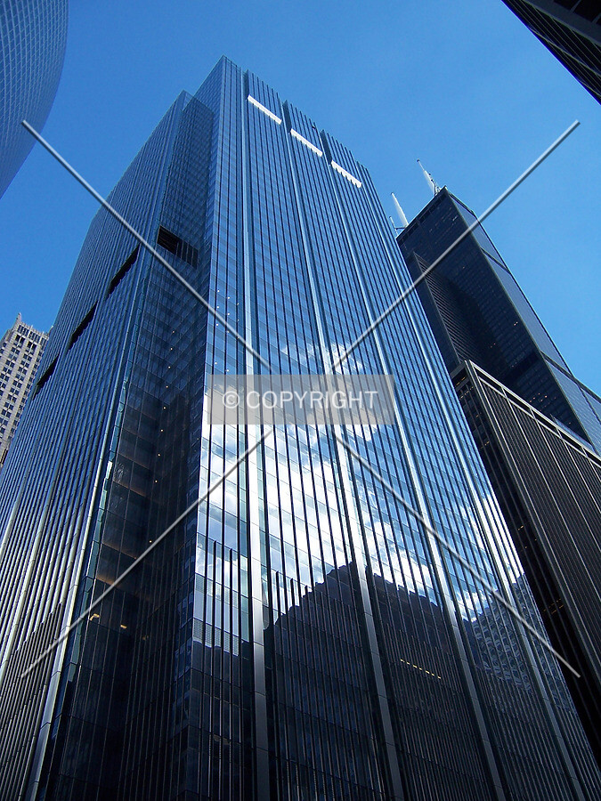 Looking up from the intersection of Wacker Drive and Monroe Street