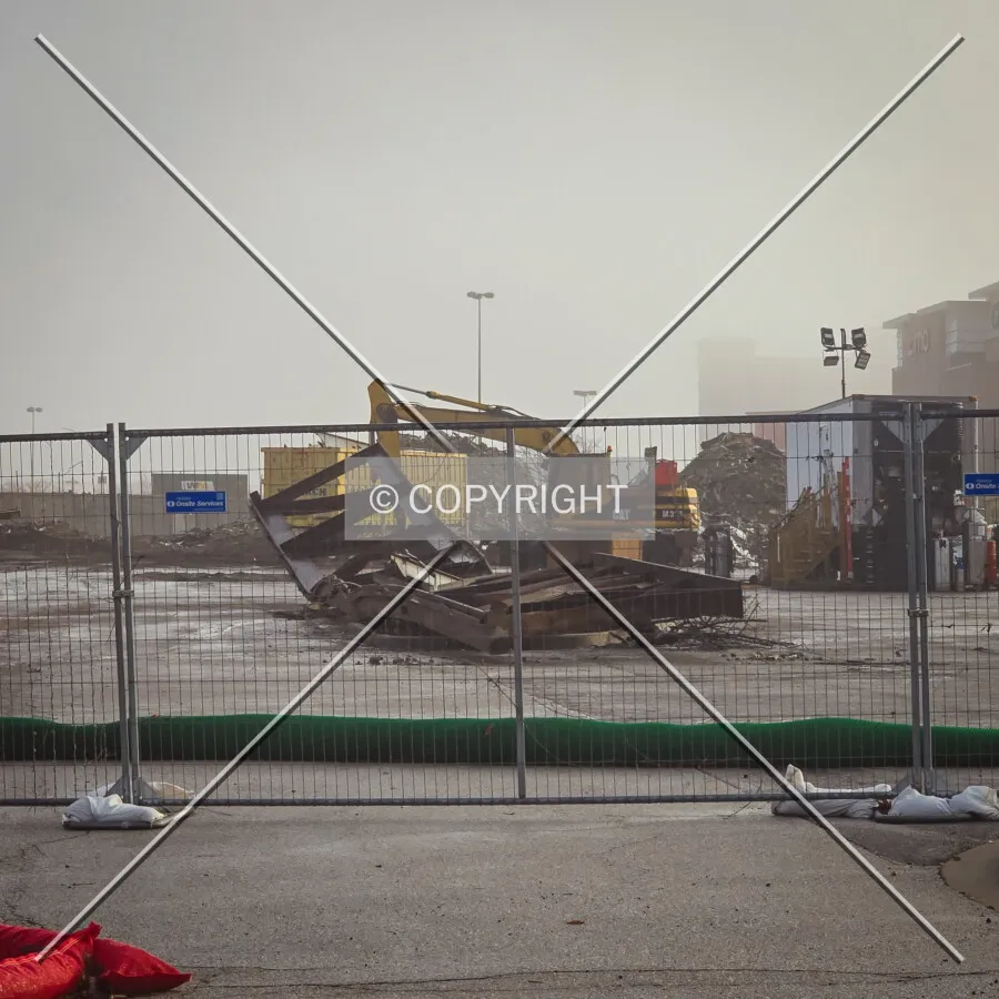 Early morning view from the west during demolition; December 28, 2024