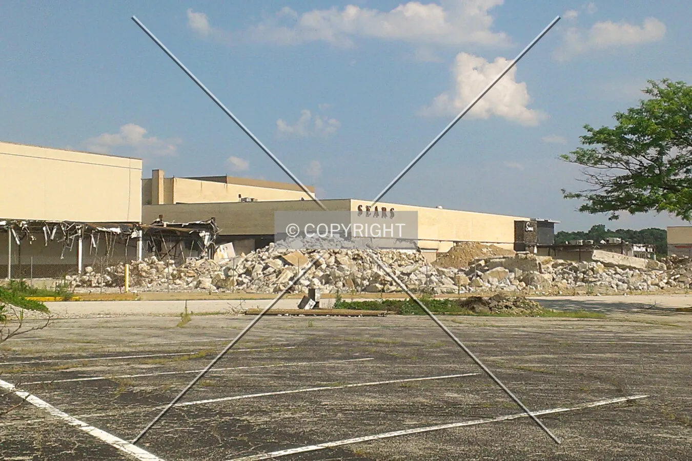 View from behind the demolished mall while undergoing demolition