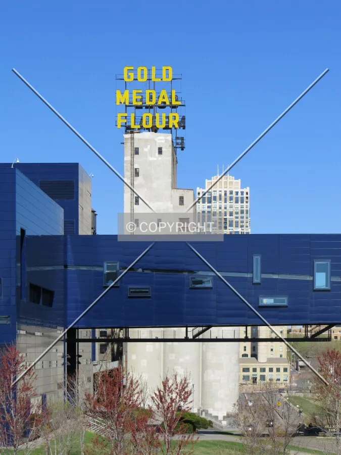 View past the Guthrie Theater's Endless Bridge from Gold Medal Park