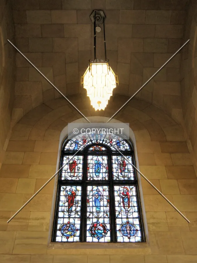 Stained glass and lighting in the atrium