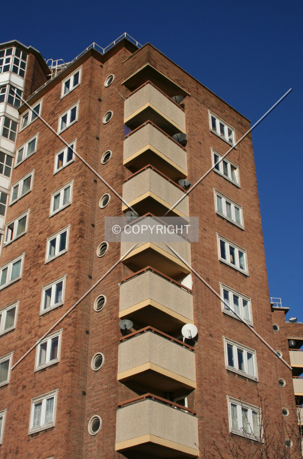 Looking up at the balconies