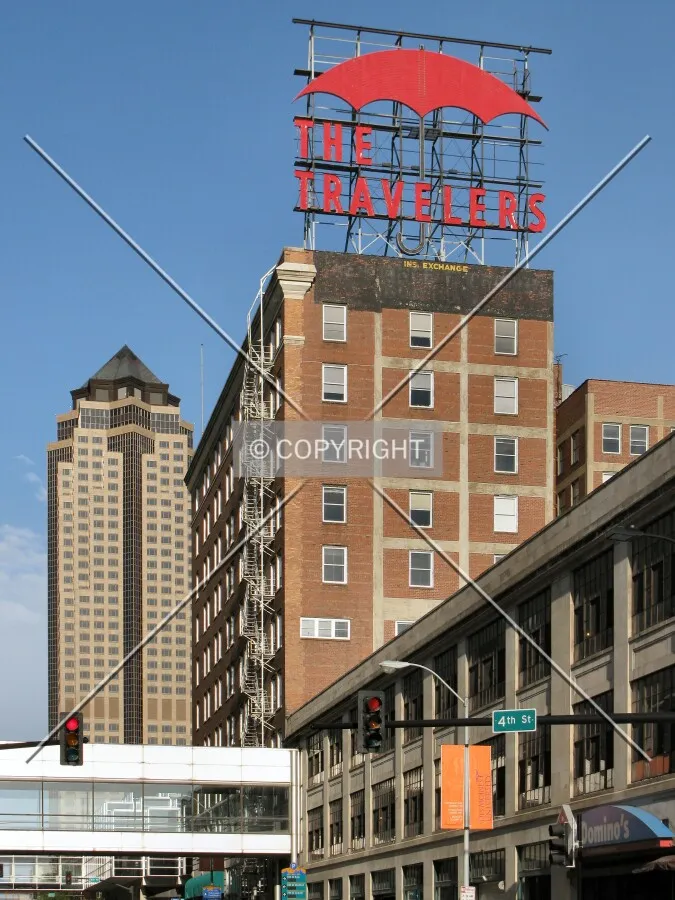 View to the west along Grand Avenue, with Iowa's tallest in the background