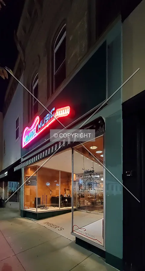 Mojo's Music Storefront at night; August 20, 2020