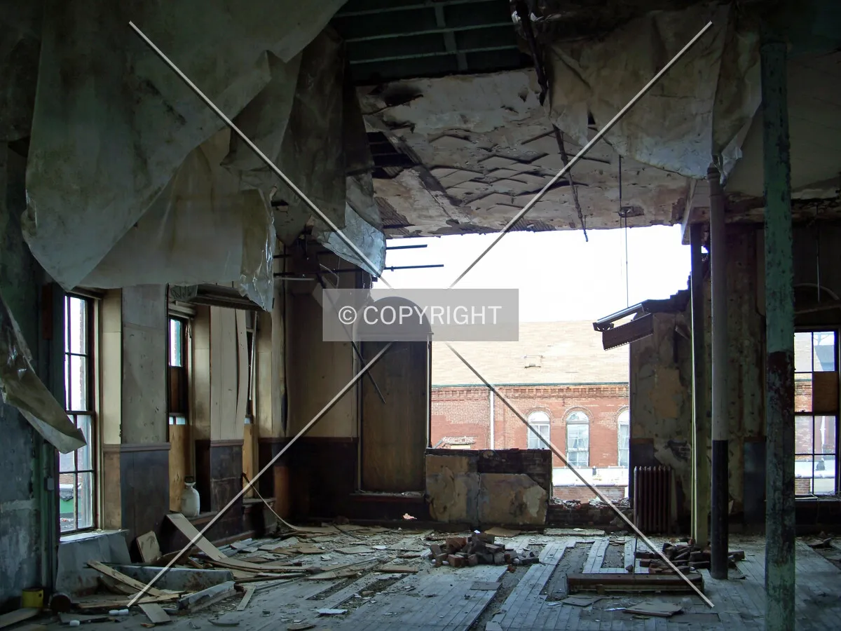 View across the second floor towards storm damage to the north facade; March 21, 2008