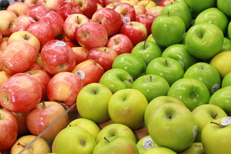 Apples on display at a farmers market