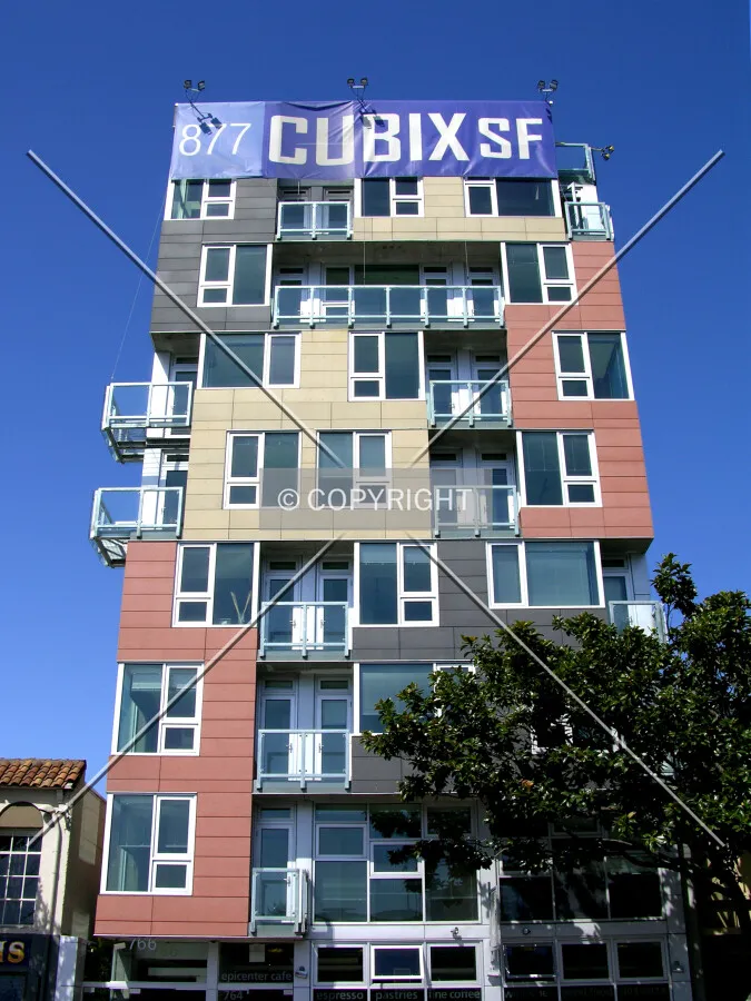 Looking up from across Harrison Street