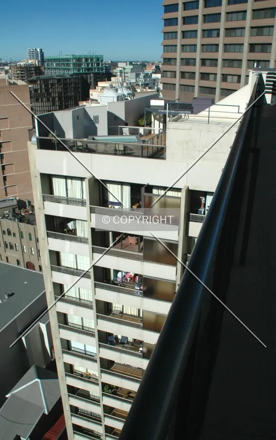 Looking down at the building's backside
