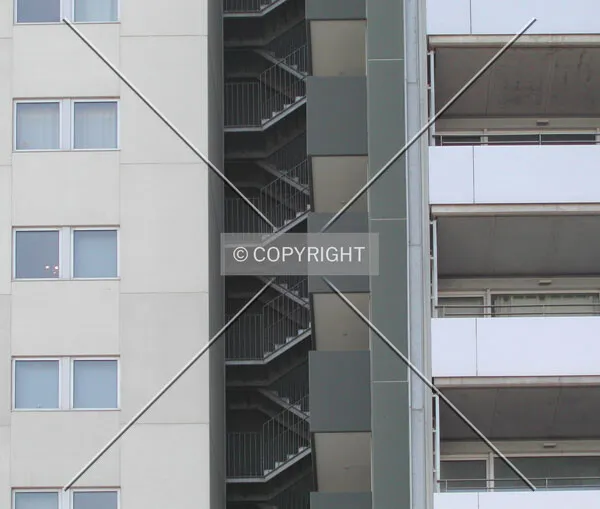Close view of the emergency stairs and facade