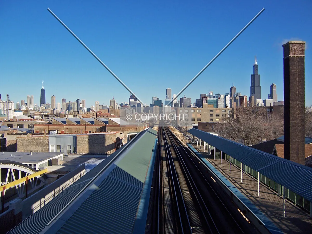 Skyline viewed from the transfer bridge at the Ashland/ Lake CTA station