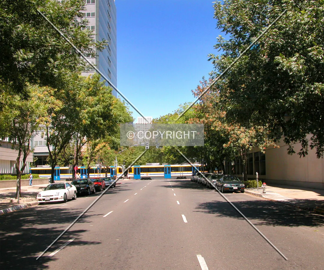 Looking north from P Street while one of Sacramento's trolleys passes by