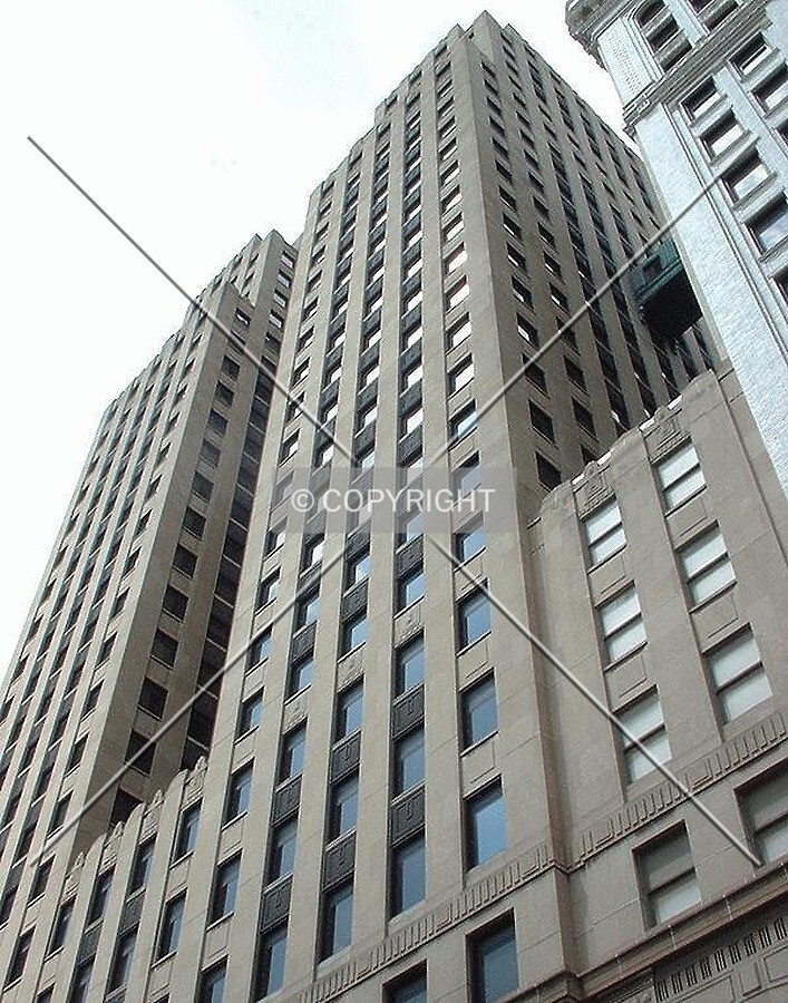 Looking up, from 4th Street, notice skyway to Merchant's Bank Building
