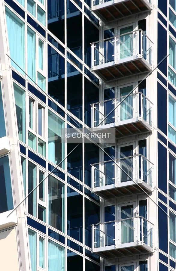 View northwest from Adelaide Road of balconies on the east side