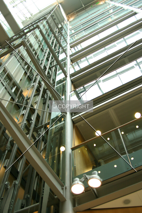 Scenic elevator tracks and open faced offices