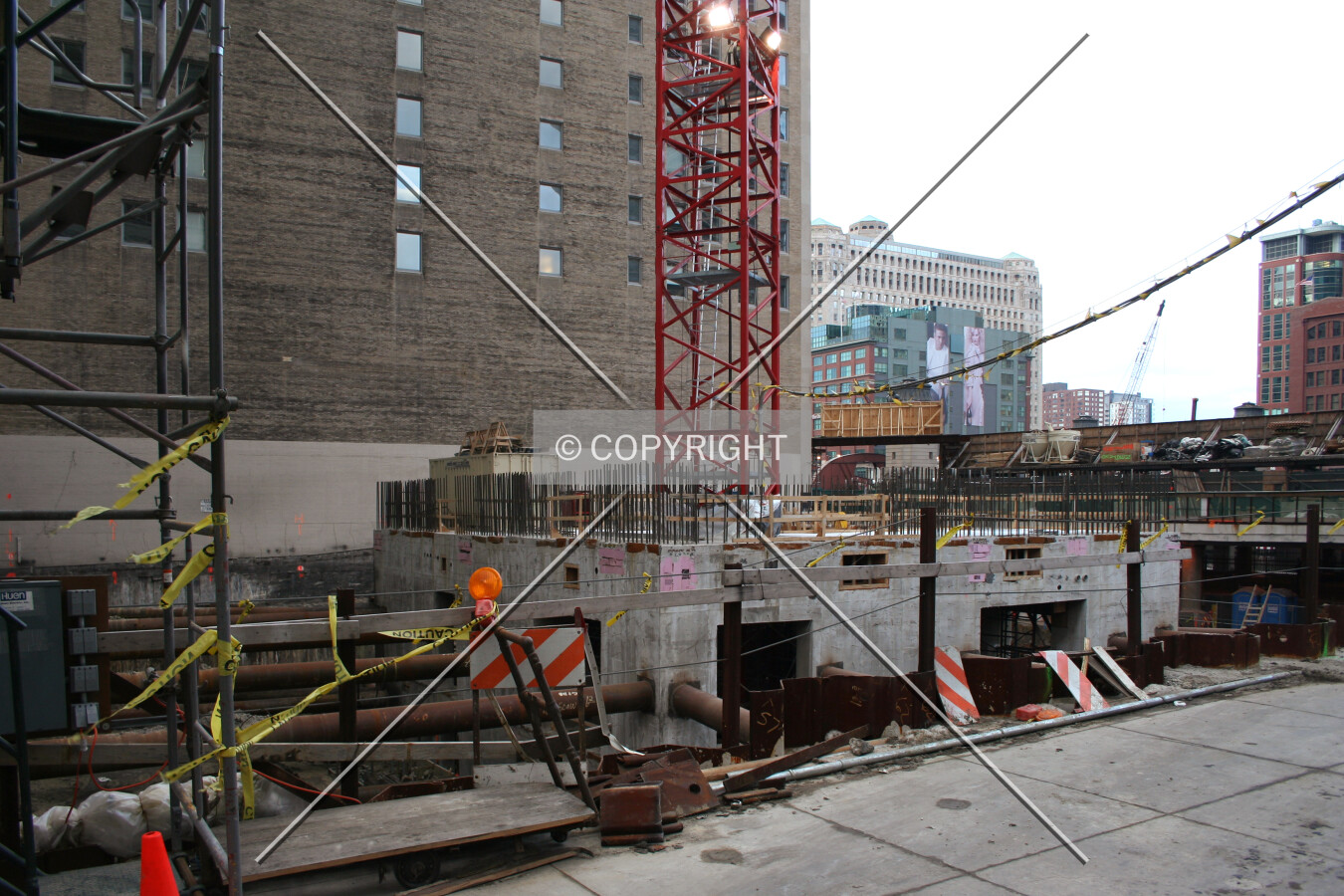 View from the southeast, with the core just starting to rise above sidewalk level